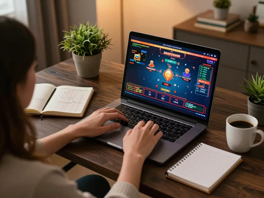 Engaged user exploring New88 online casino gaming strategies on a laptop in a cozy setting