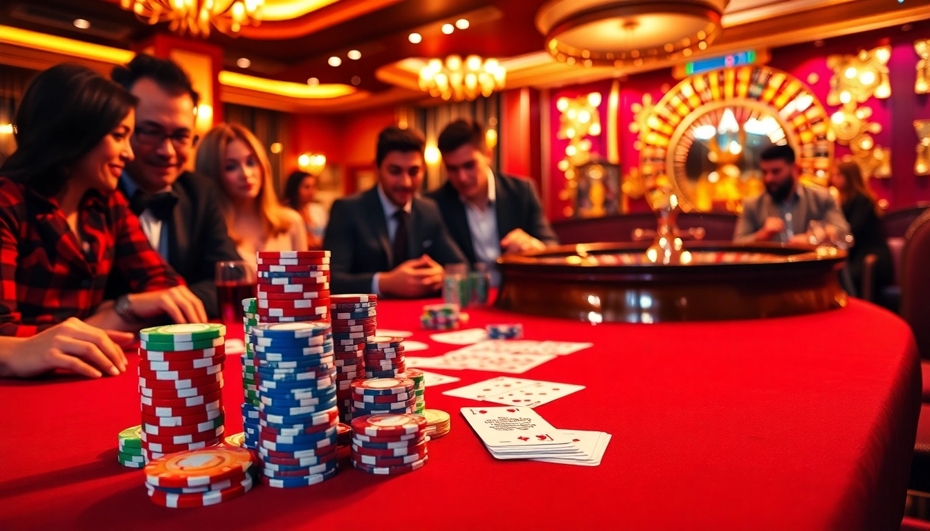The excitement of a high-stakes game at https://bem88.io/ with poker chips, cards, and a glowing roulette wheel.