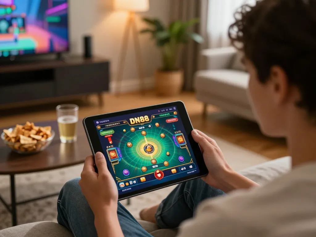 Engaged player exploring the DN88 casino app in a cozy home setting, highlighting online gaming.