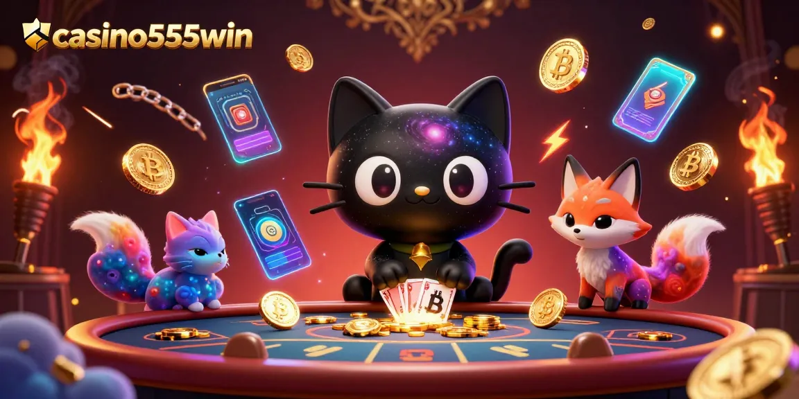 Win with casino555win at a cosmic gaming table with a black hole cat and colorful fox.