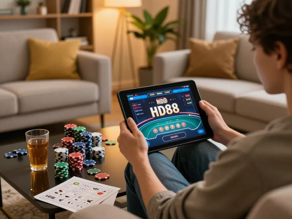 Engaging with HD88 poker game on a tablet, surrounded by chips and strategy notes in a cozy living room.
