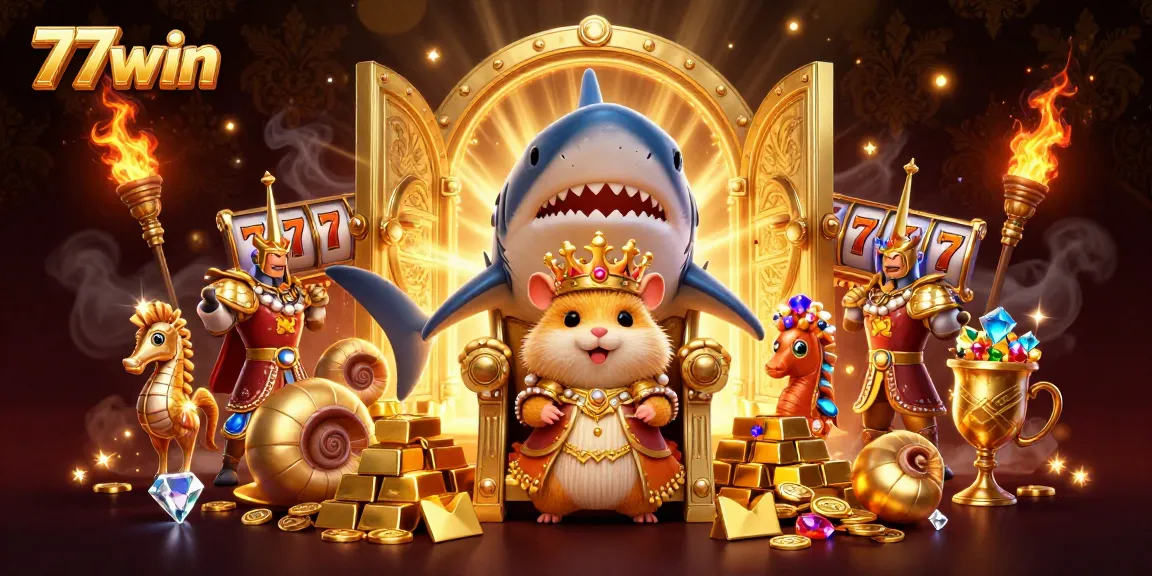 Play exciting casino adventures with 77win in a vibrant, treasure-filled scene showcasing joyful characters.