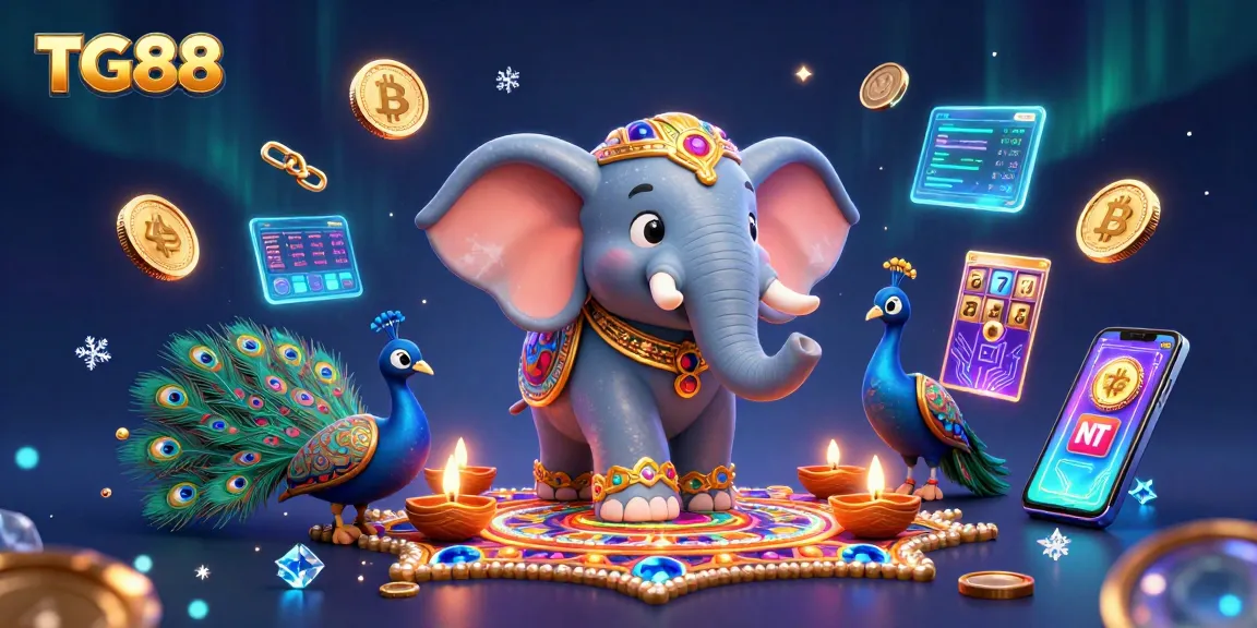 Spin with TG88's vibrant casino scene featuring a Diwali-themed elephant and rich gaming elements.
