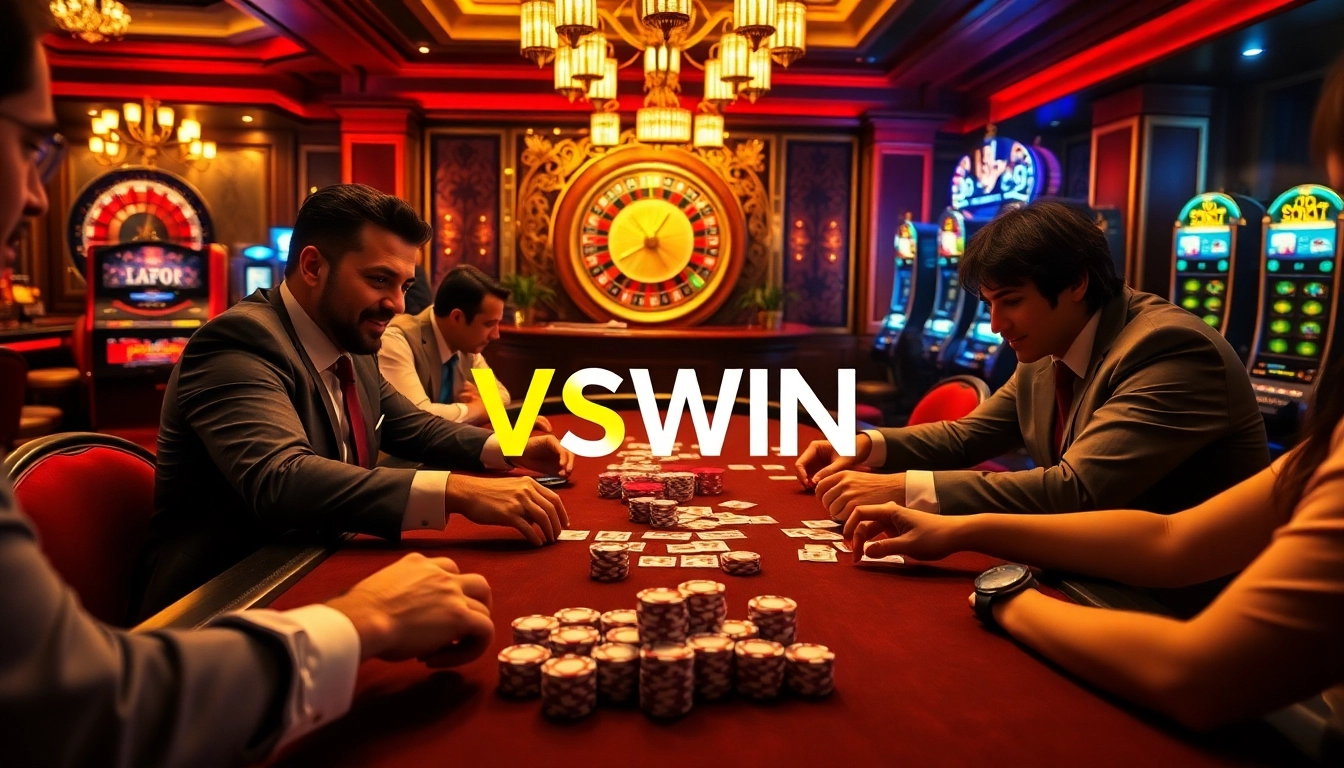 Players engaged in an exciting poker game at VSWIN Casino, showcasing luxury and thrilling gameplay.