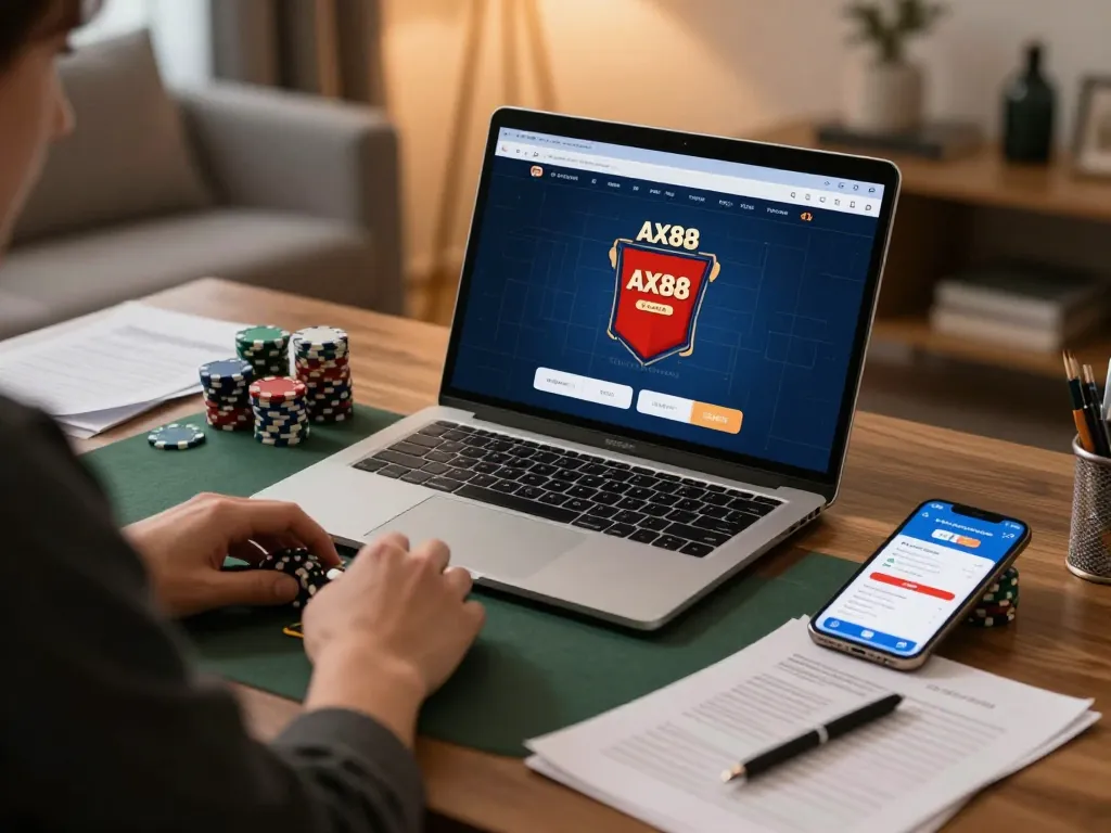 AX88 online gaming experience with a player engaged in poker strategy and ambient home atmosphere