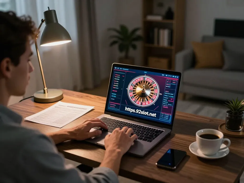 Player engaging with online casino at https://92slot.net/, focused on roulette gameplay in a cozy home setup.