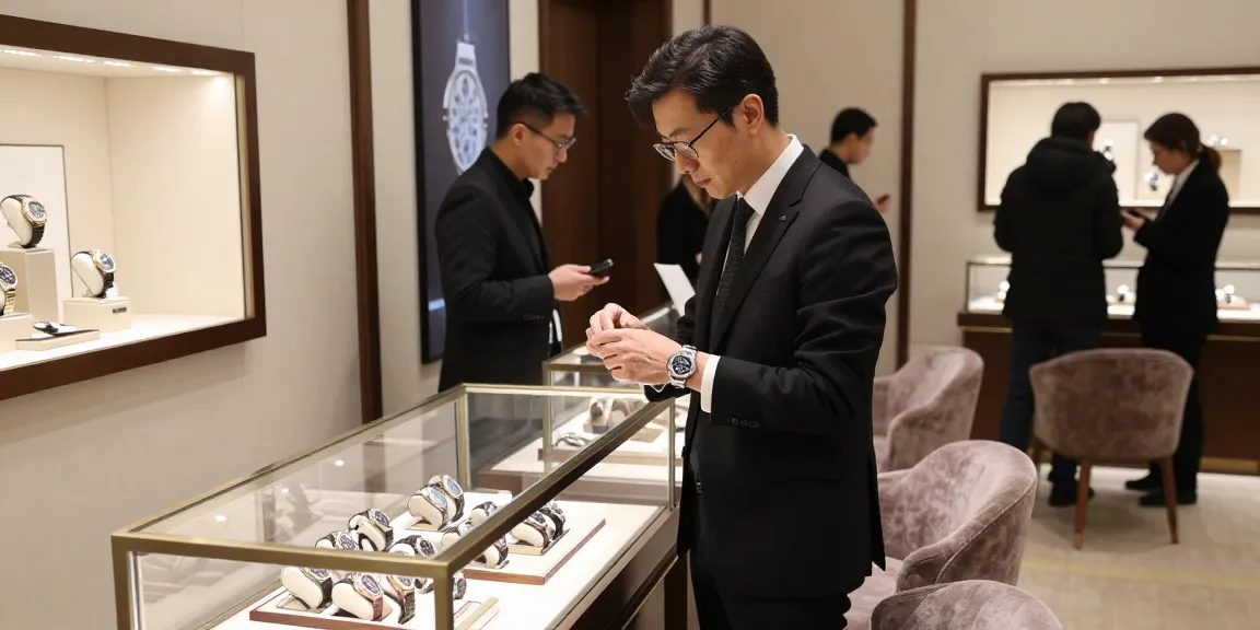 Exploring replica watches in a luxurious boutique with a focus on craftsmanship and design.