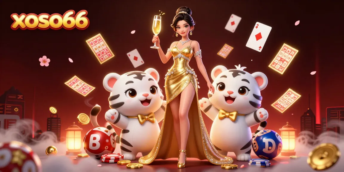 Xoso66 showcases a glamorous scene of lottery excitement with a sparkling woman and lucky tiger in a thrilling 3D illustration.