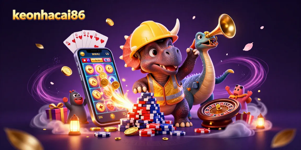 Celebrate winning strategies at keonhacai86 with a dynamic casino-themed illustration.