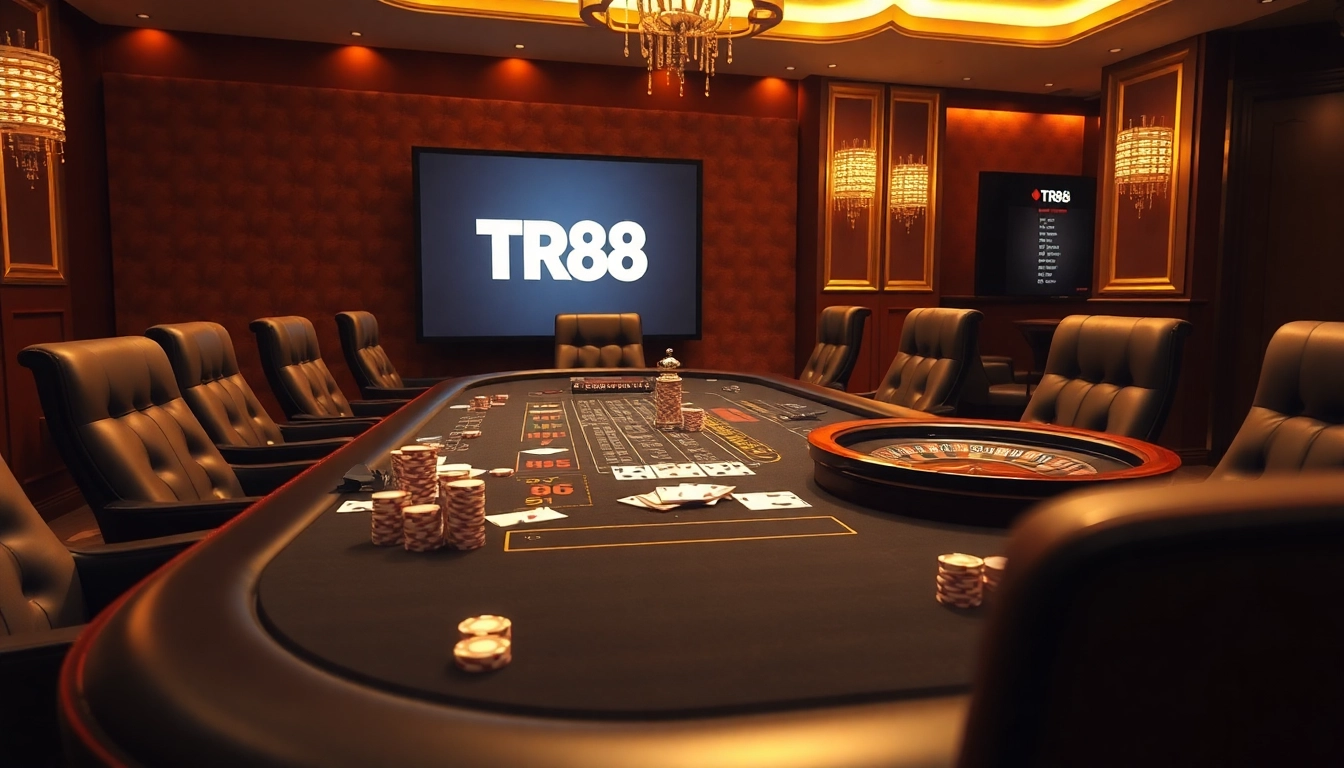 Experience the excitement of TR88 with vibrant poker chips and cards at a luxury casino table.