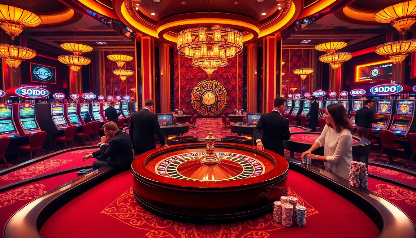 SODO Casino showcases players enjoying thrilling games at vibrant tables and slot machines.