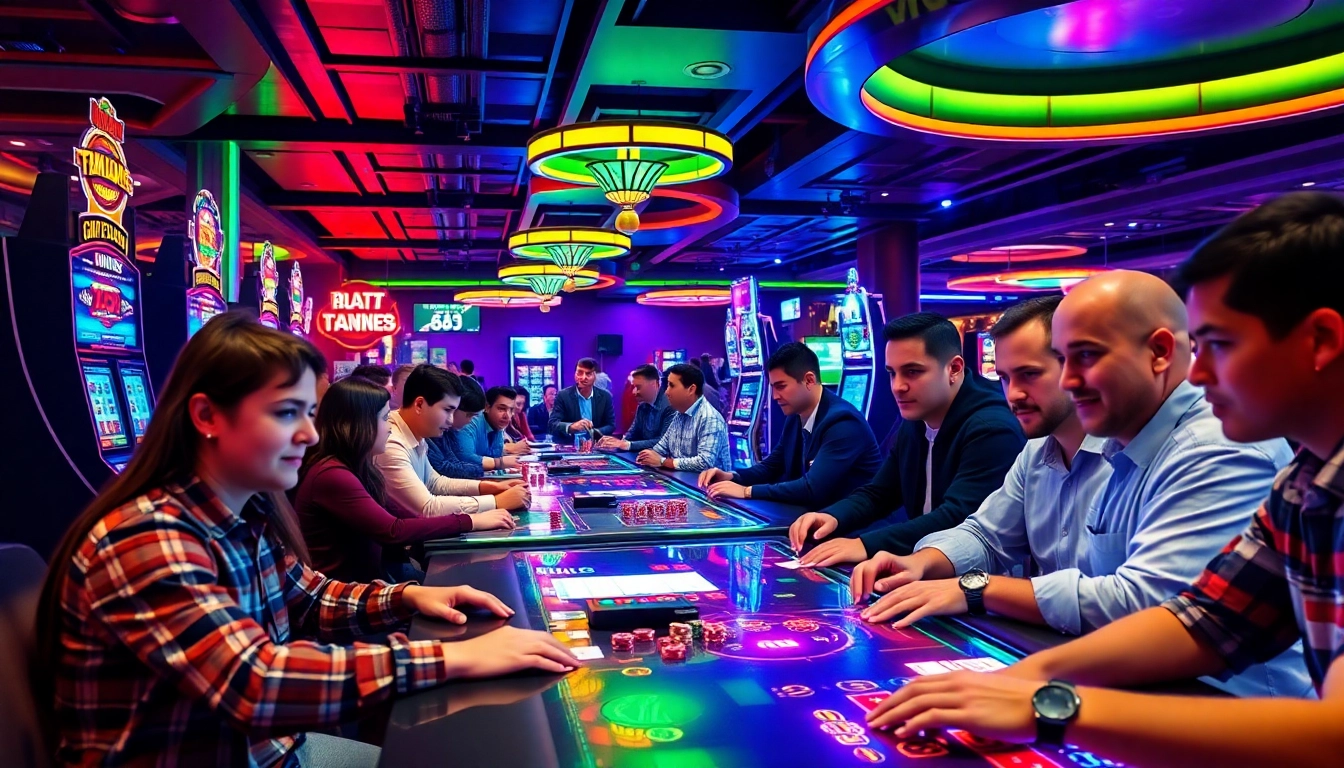 Exciting scene of players at MB88 engaging in sports betting and casino games, showcasing vibrant casino atmosphere.
