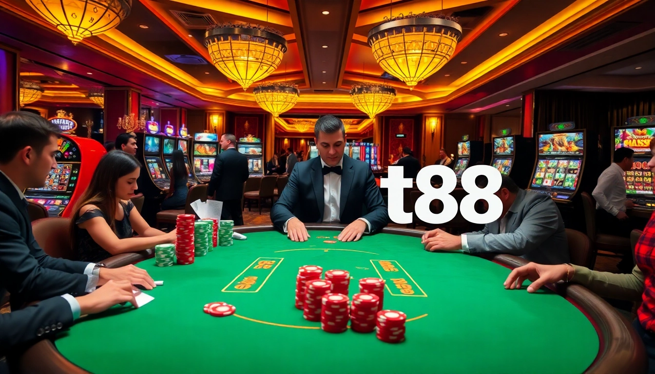 Bet88 players experiencing high-stakes excitement at a luxurious poker table surrounded by vibrant slot machines.
