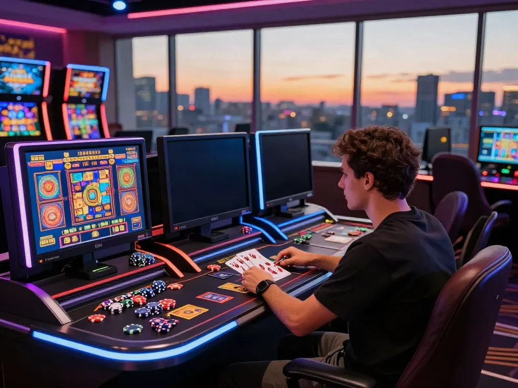 Exciting gaming scene showcasing a player at a vibrant online casino not on gamstop with multiple monitors and city skyline.