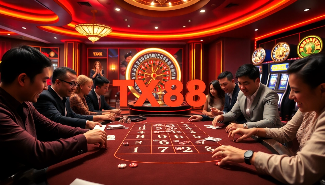 Gamblers enjoying thrilling games at the TX88 casino table with vibrant lighting and excitement.