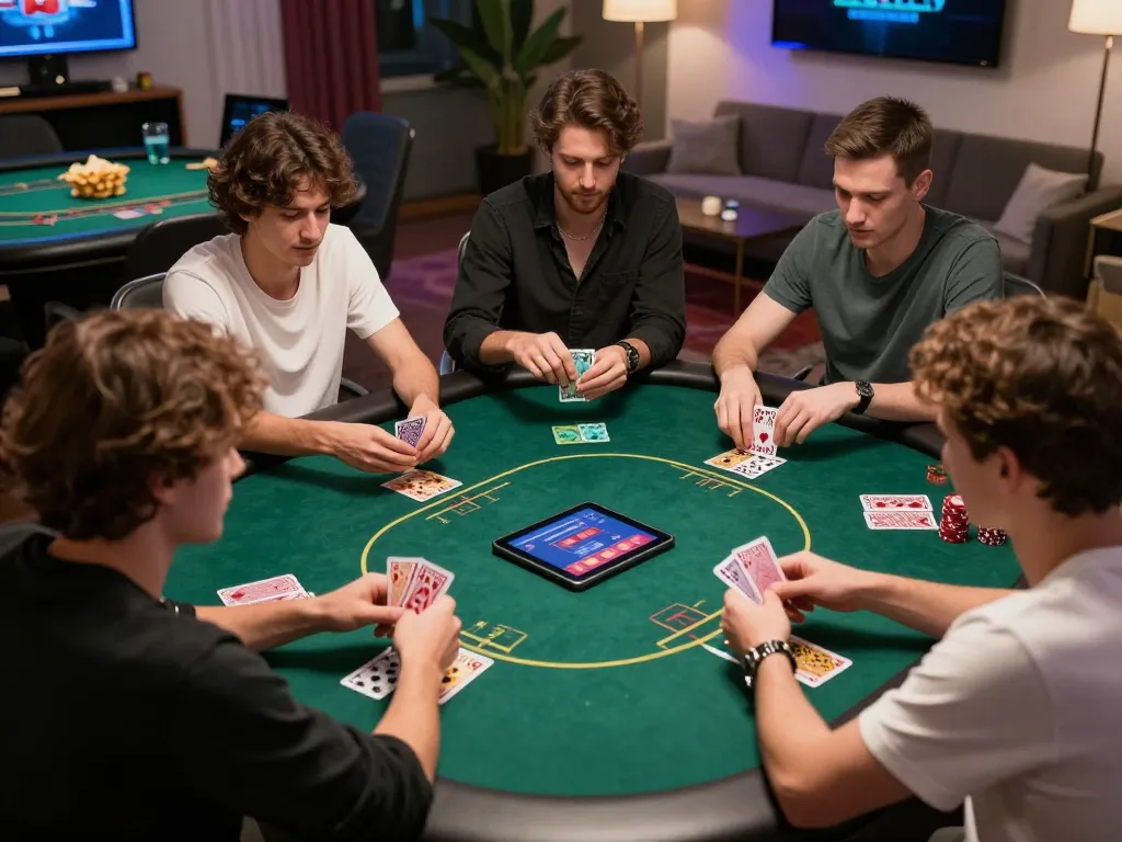 Experience engaging online poker gameplay at https://88vv.jpn.com/ with players analyzing cards in a lively home setting.