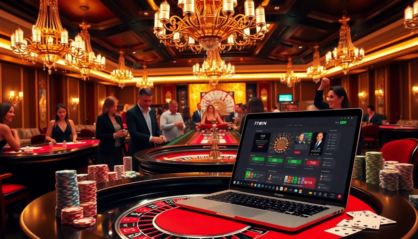 Experience thrilling gameplay at 77win casino with poker chips and a vibrant roulette wheel.