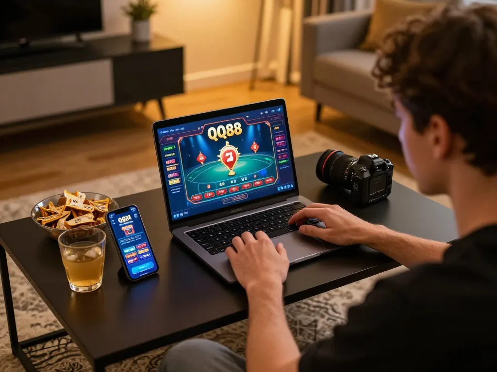 Engaged player strategizing on QQ88's online gaming platform while enjoying a relaxed home setting