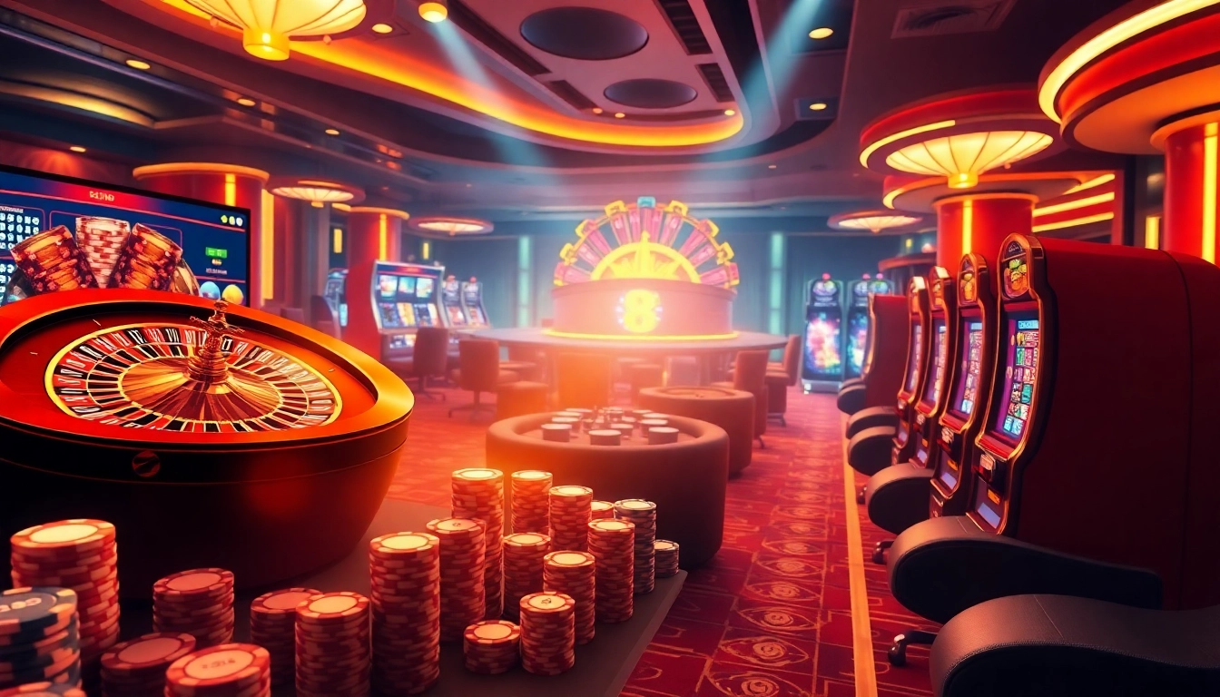 Exciting casino scene illustrating the online gambling interface of 98win3h.io featuring poker chips and roulette wheels.