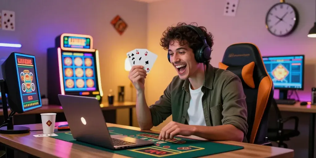 Player enjoying a casino not on gamstop experience in a vibrant home office.