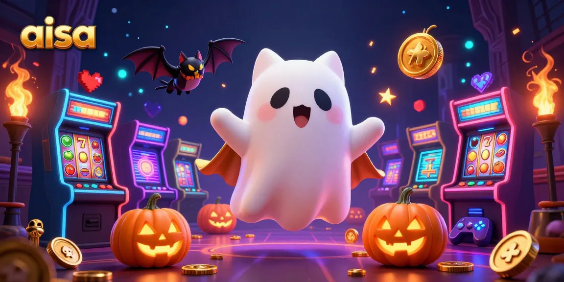 Play and win in an exciting haunted casino with aisa-themed characters and vibrant slot machines.