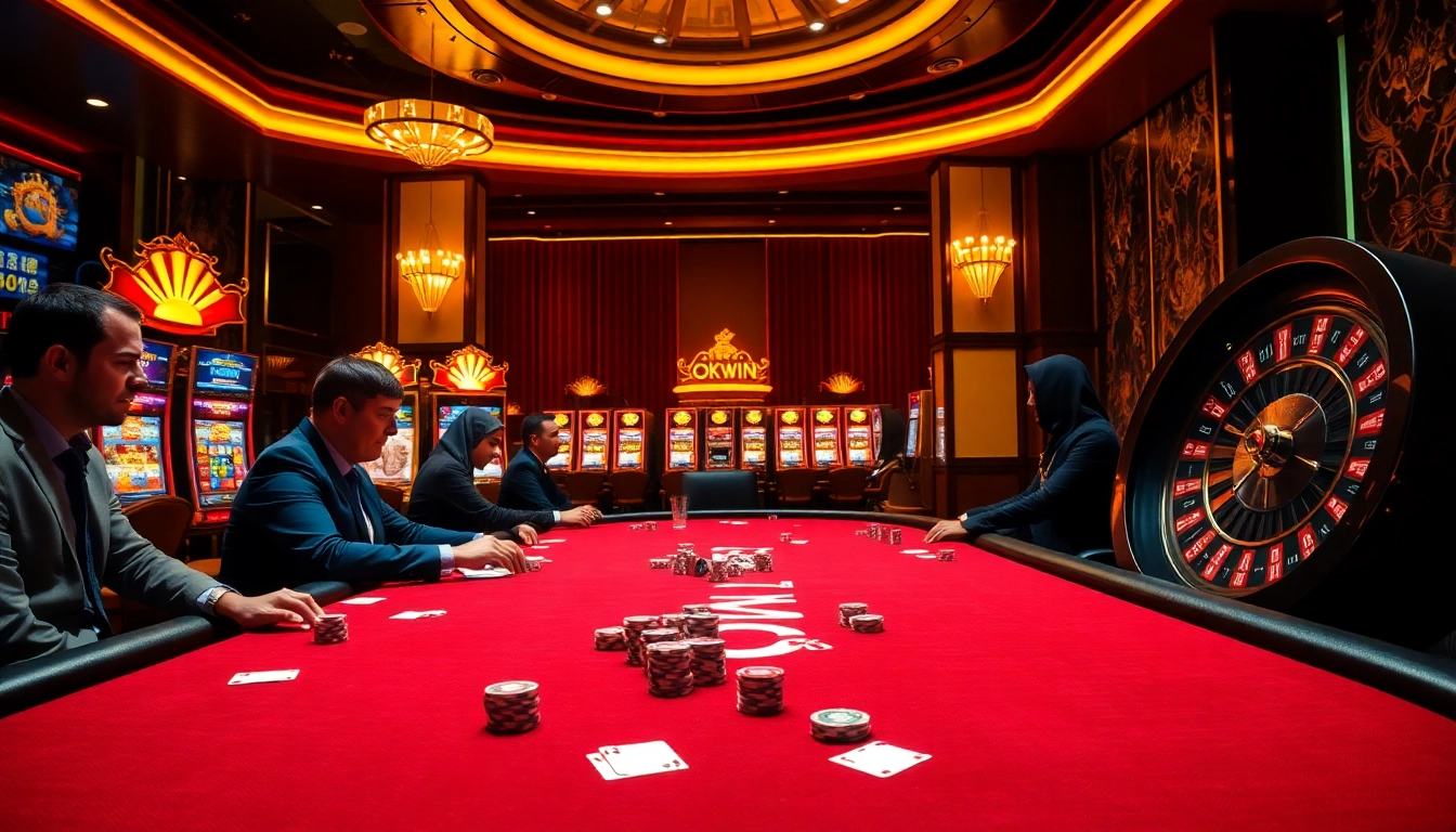 Experience thrilling gambling at okwin with a lavish casino setup featuring poker tables and slot machines.