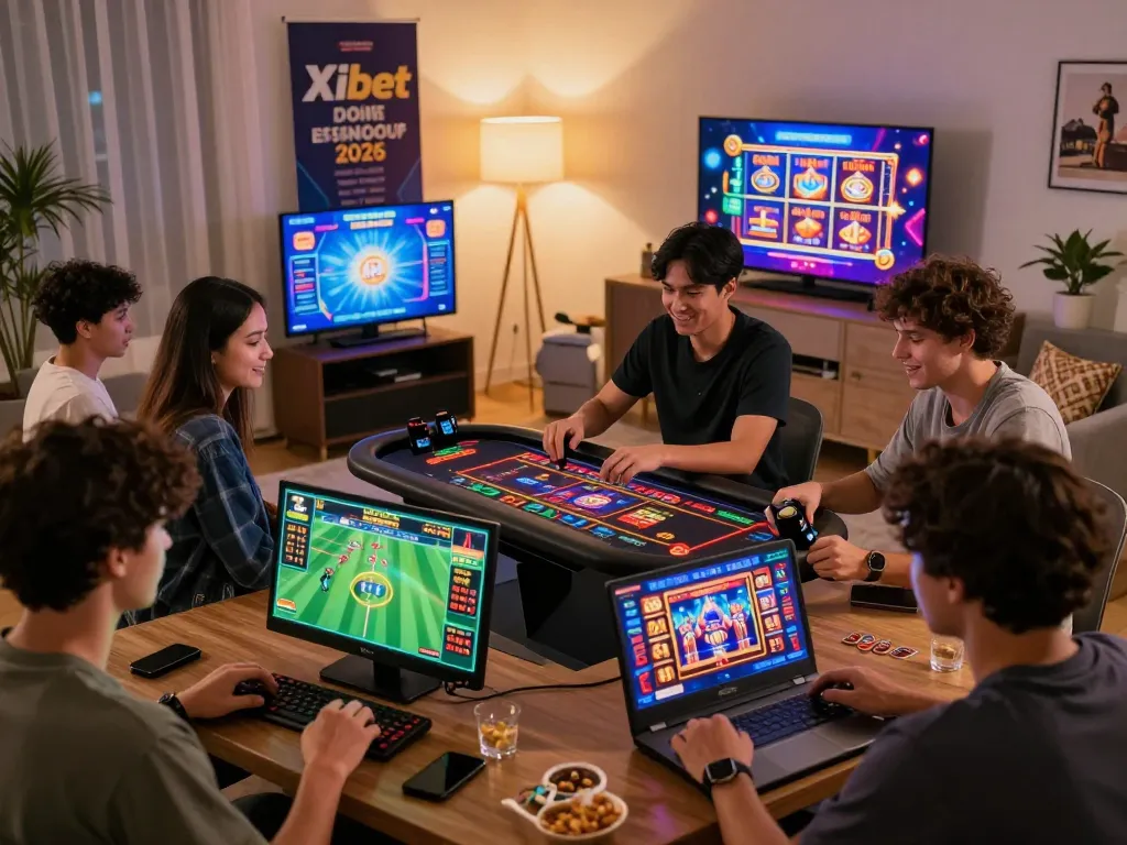 Xibet's online betting experience with players enjoying diverse gaming options in a cozy setting.
