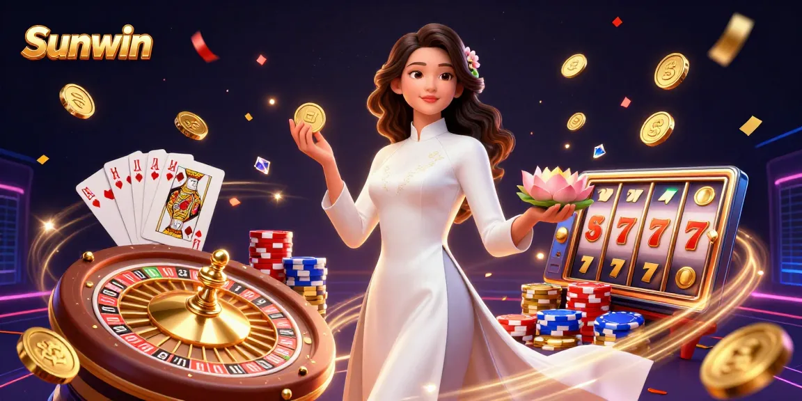 Sunwin offers an engaging gaming experience with cascading coins and vibrant casino elements.