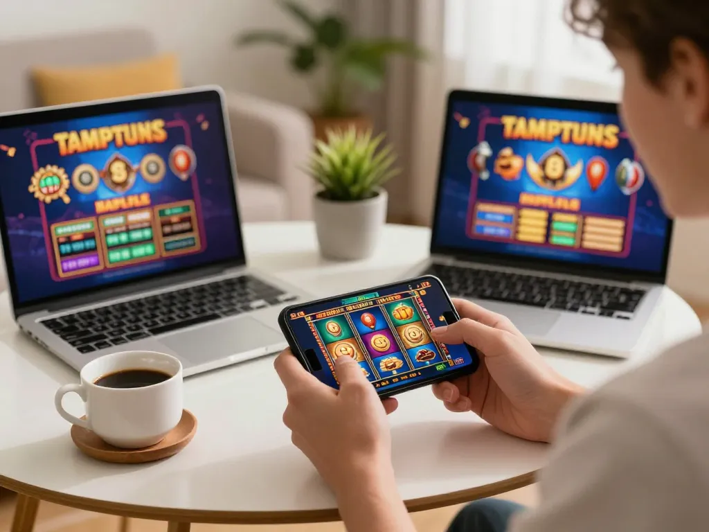 Kaya88 user playing slots on smartphone in cozy home setting, highlighting online gaming excitement.