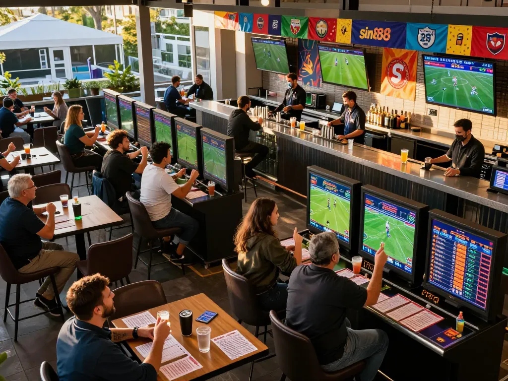 Exciting outdoor sports betting atmosphere at sin888 with patrons cheering and placing bets.
