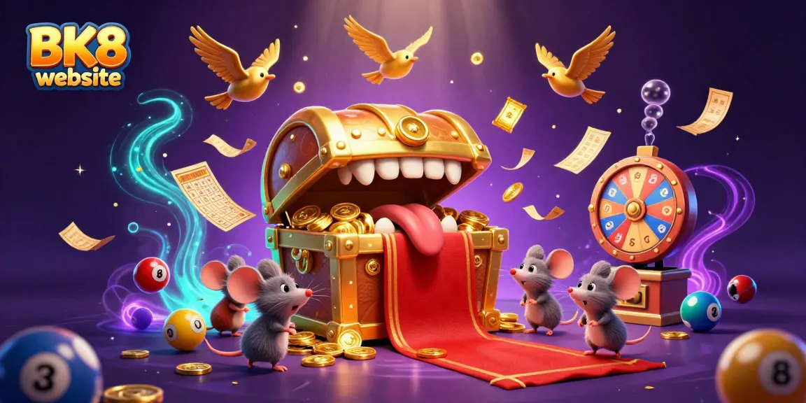 Engage with the exciting BK8 website by exploring vibrant game elements amidst a treasure chest-filled 3D scene.