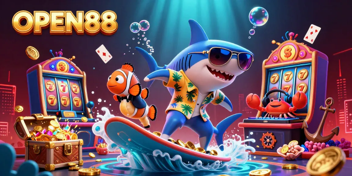 Experience the thrill of OPEN88 as a hammer-head shark surfs gold coins amidst vibrant casino elements.