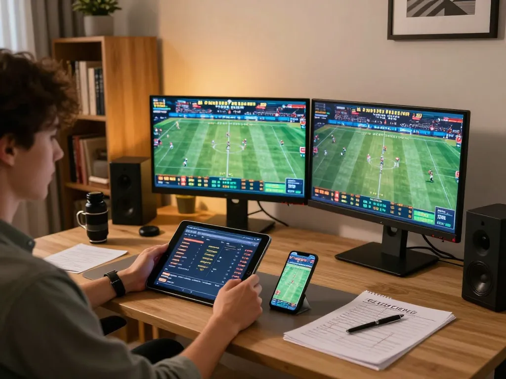 Engaging in live sports betting via https://lucky88.sbs/ from a cozy home office setup.