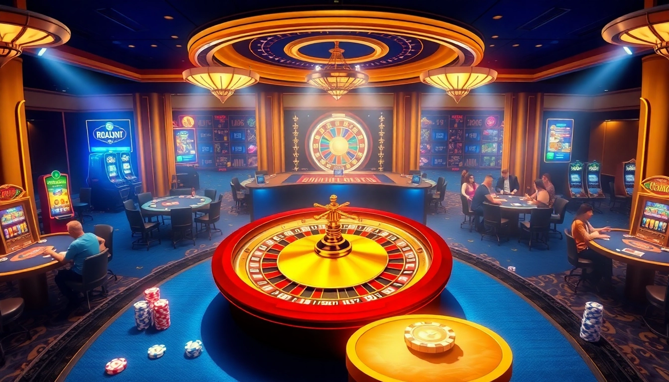 Engaging gambling atmosphere at https://zx88.buzz/ with roulette, poker tables, and vibrant slot machines.