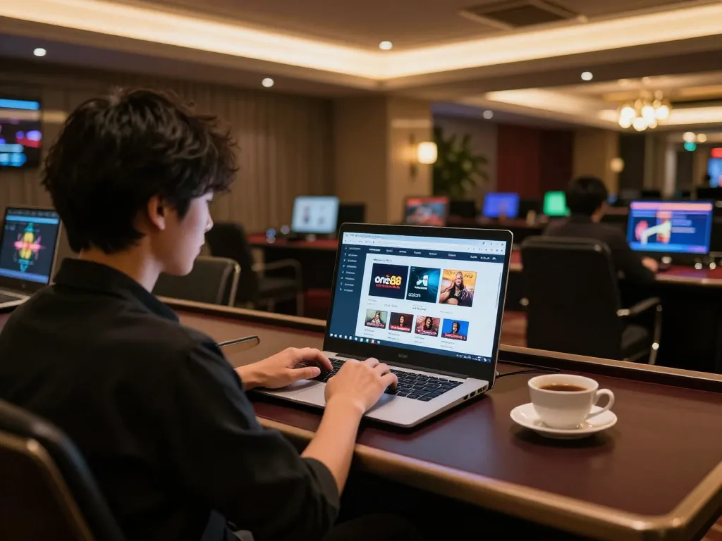 Engaging in online gambling on one88 platform with a laptop in a cozy setting