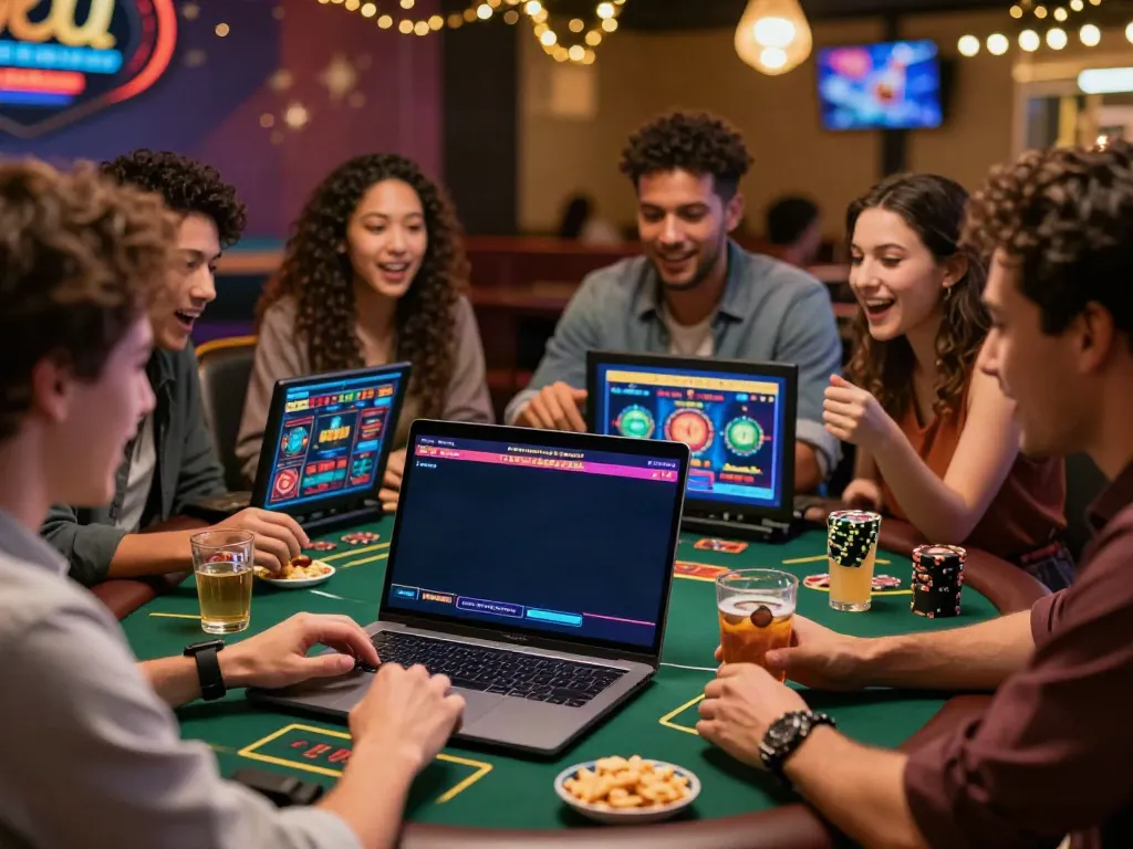 Friends enjoying online gambling at a casino not on GamStop with festive decor and snacks.