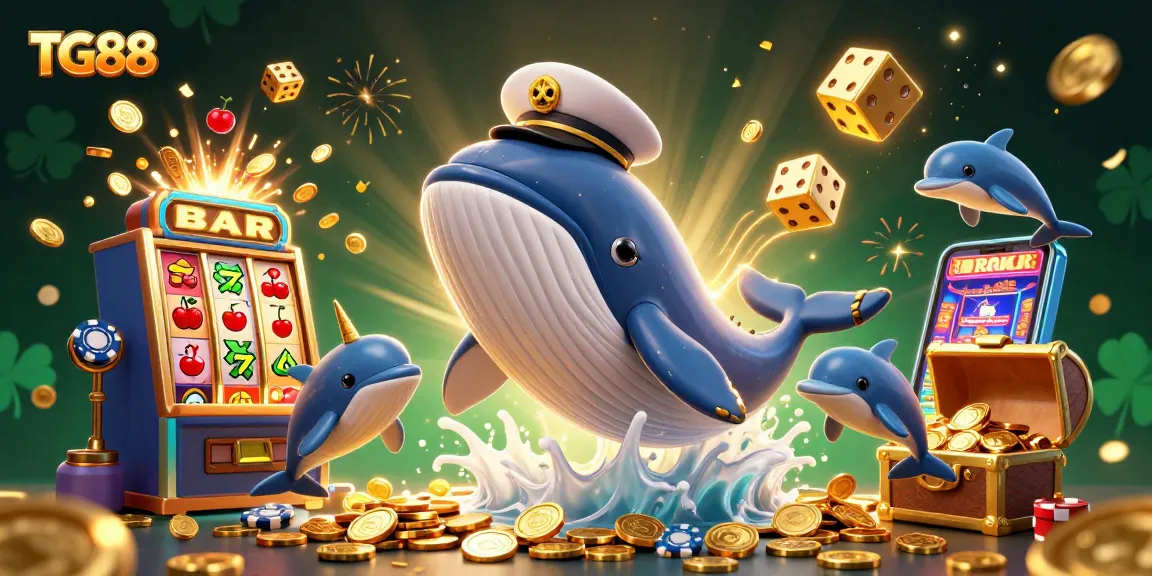 Experience the excitement of TG88 as playful dolphins and a golden-horned narwhal perform amidst a treasure explosion of casino games.