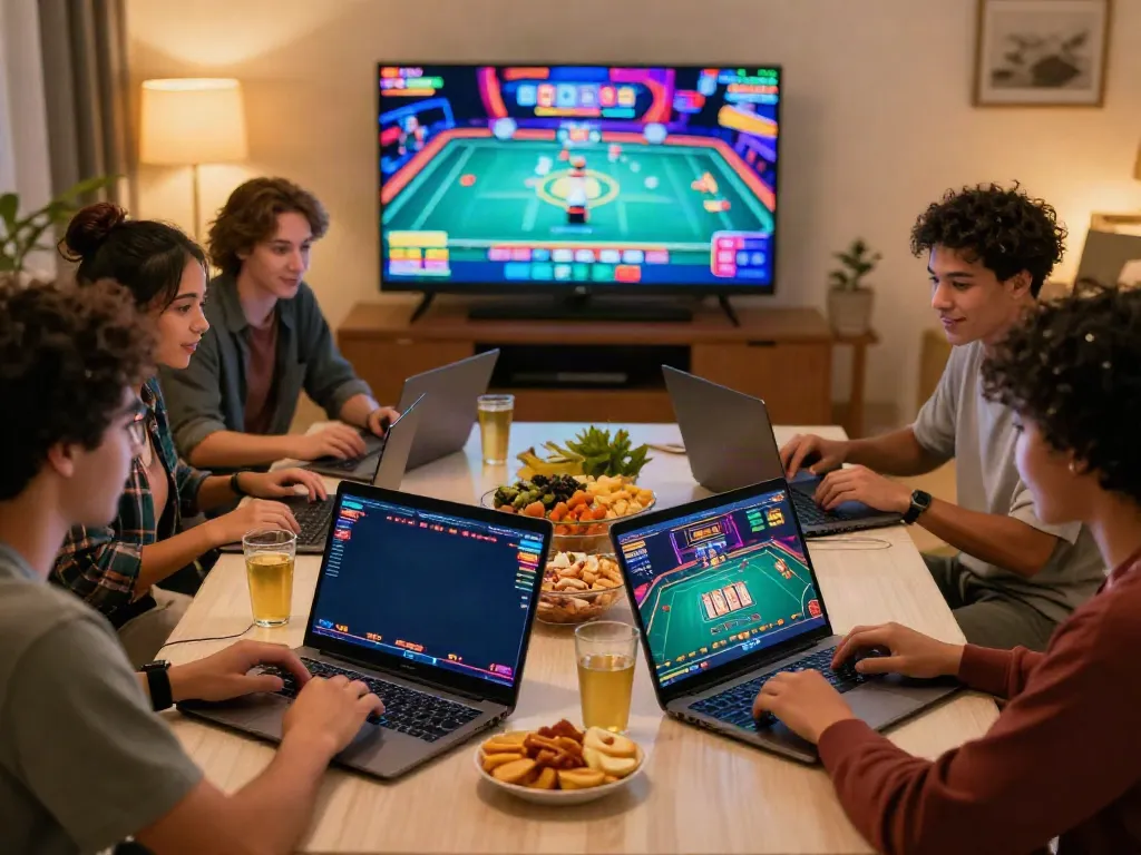 Friends playing casino games not on gamstop in a cozy living room setting.