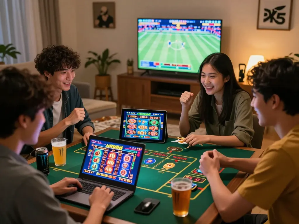 Exciting gaming moment with friends enjoying jun88 online slots and sports betting in a lively atmosphere.