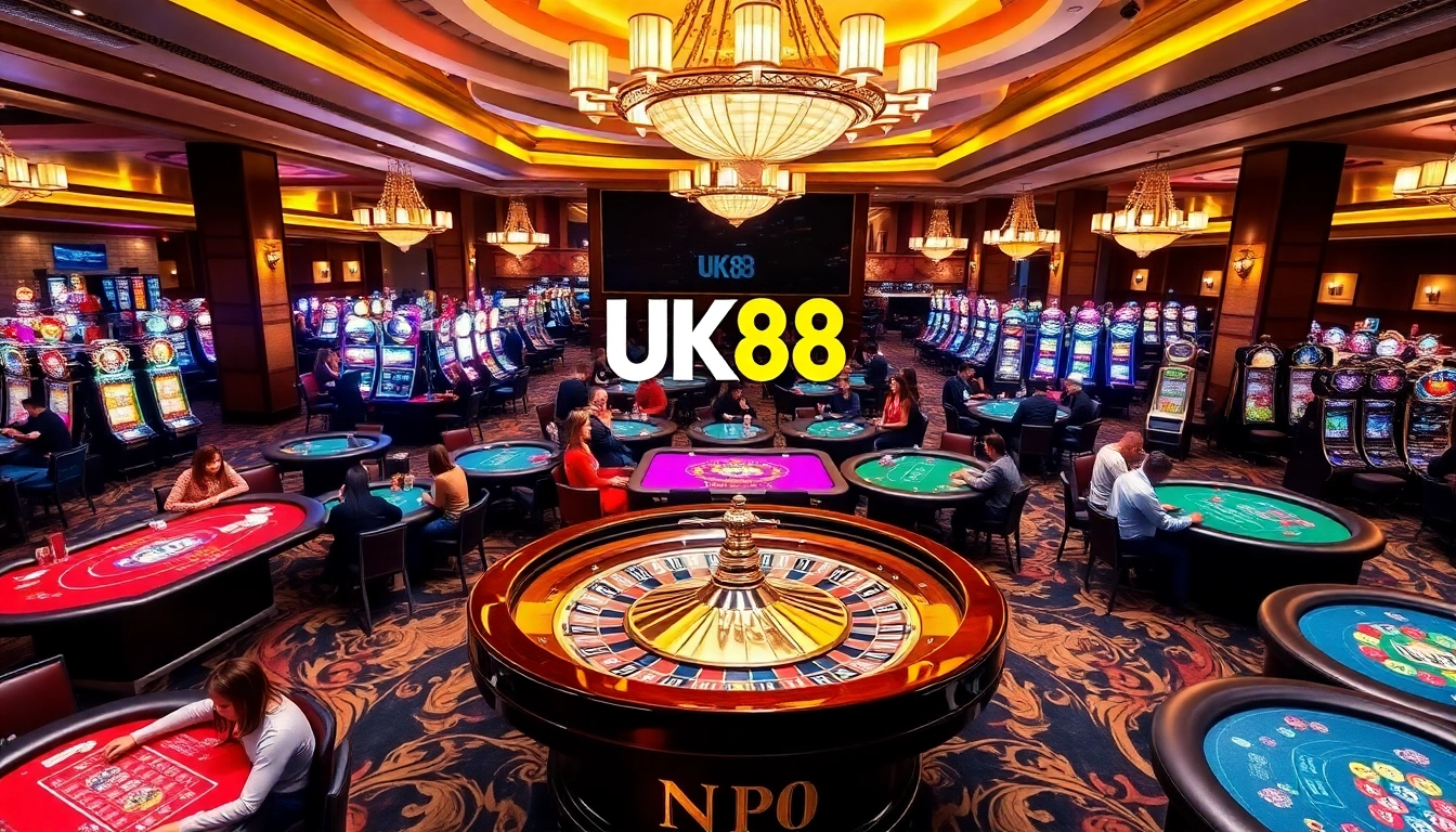 Engaged gamblers enjoying high-stakes action at UK88 casino tables with vibrant games.