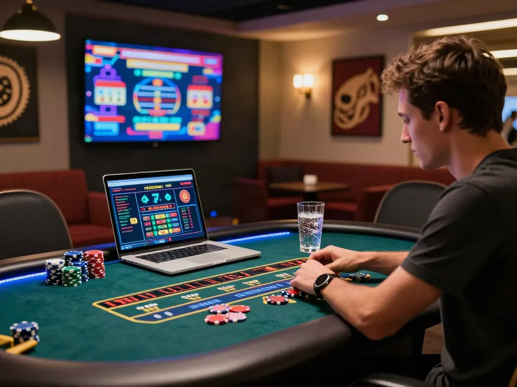 Exciting scene of a player enjoying games at a casino not on gamstop, vibrant lights and modern decor enhance the atmosphere.