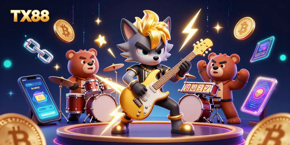 Watch the TX88 rock star wolf in action on stage, shredding guitar among glowing crypto coins.