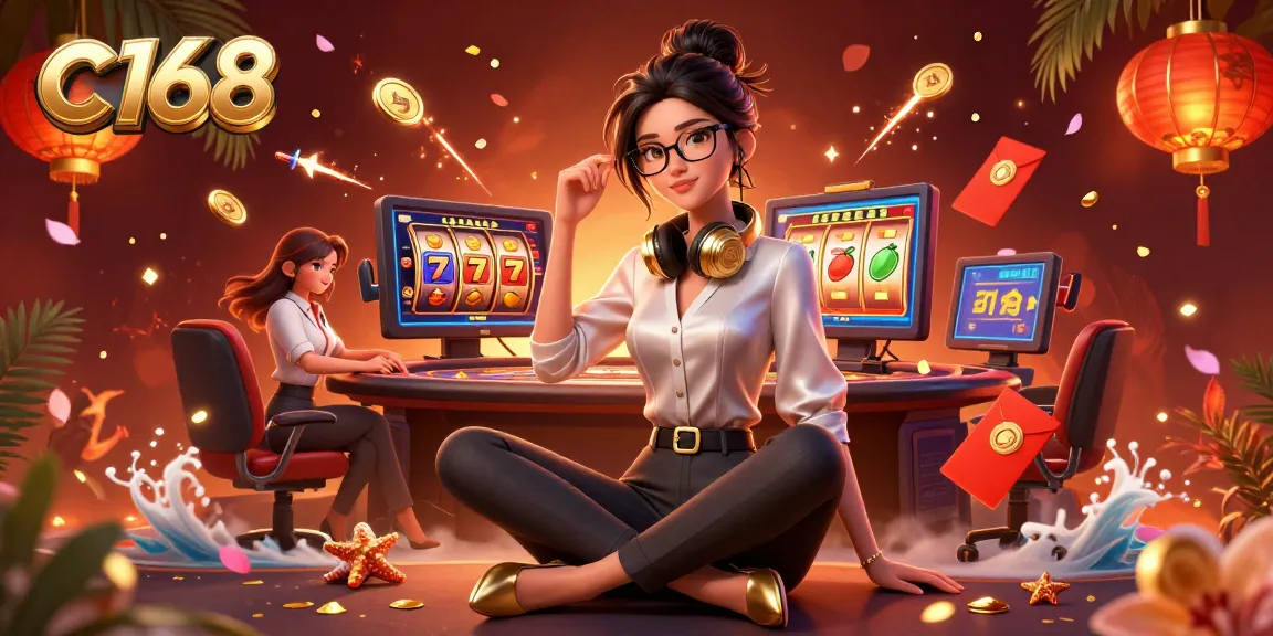 Engage with thrilling casino games at c 168 featuring vibrant illustrations of slot reels, jackpots, and lucky symbols.