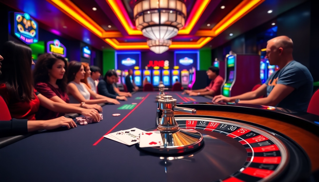 Experience thrilling games at Jun88 casino with a vibrant setting of roulette and poker.
