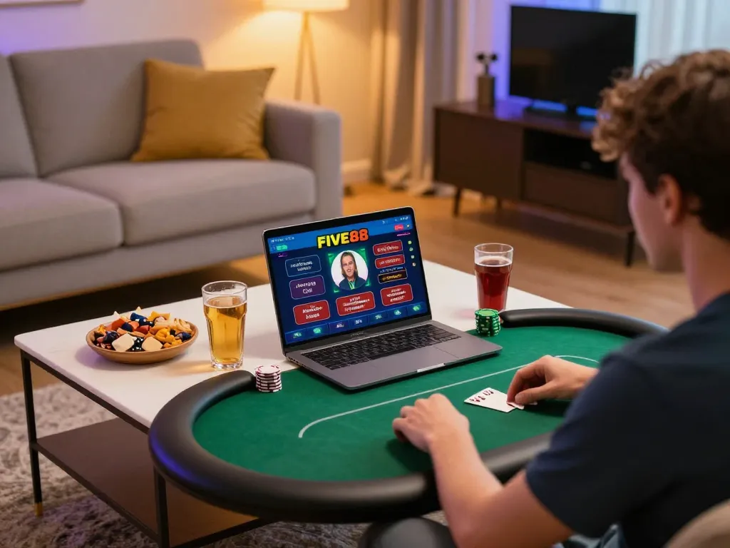 Experience the thrill of online gambling at FIVE88 with an engaging poker game setup.