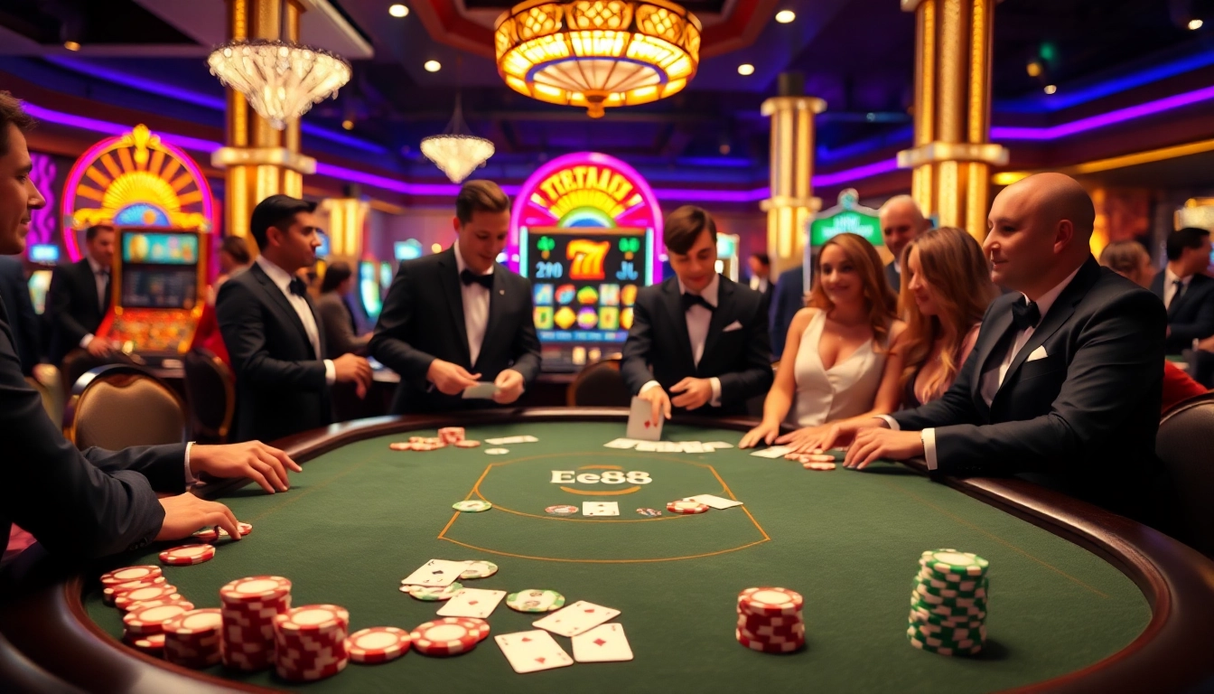 Experience the excitement of Ee88 with vibrant casino visuals featuring tables and slot machines.