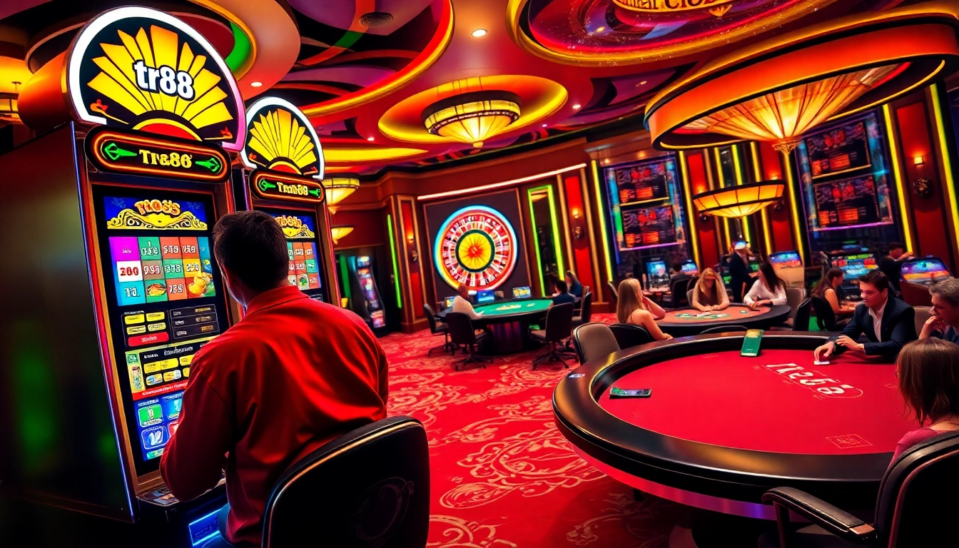 Players enjoying the thrilling experience at the tr88 slot machine in a luxury casino atmosphere.