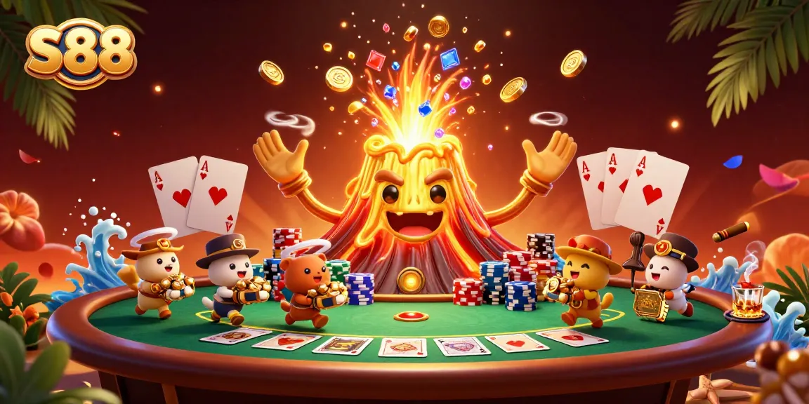 S88 players enjoy thrilling casino experiences with golden volcano, poker elements, and treasure animations.