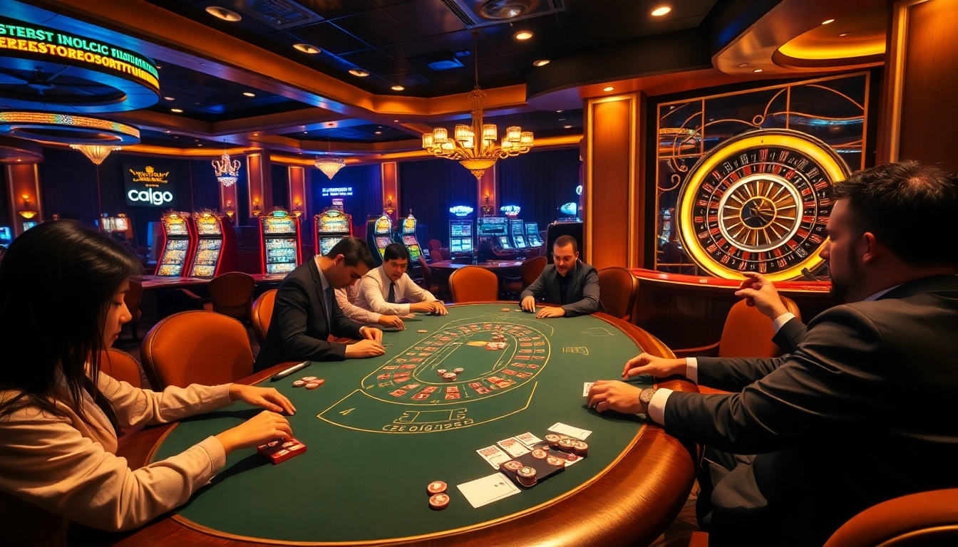 Players engaging in a thrilling poker game at DE BET's luxurious casino, showcasing excitement and strategy.
