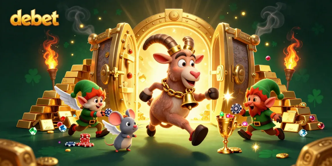 Engage in debet gaming action with exciting characters in a bustling casino scene filled with treasures.